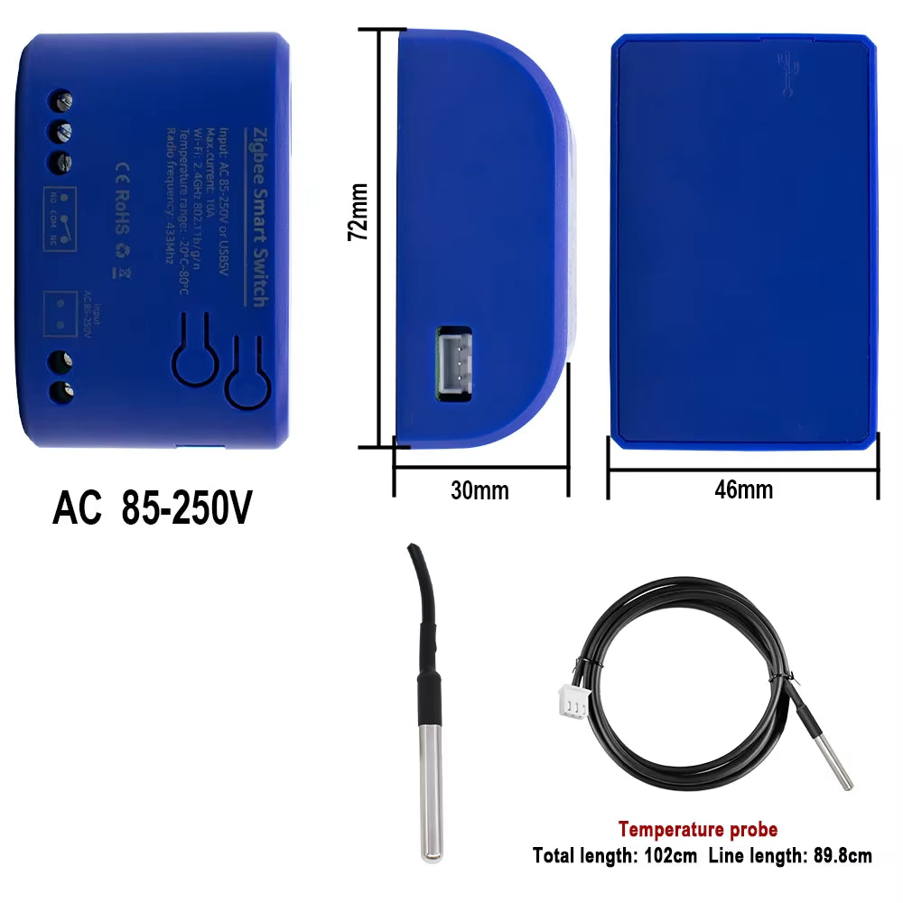 Zigbee Smart Temperature Switch 16A 2000W with Temperature Sensor Thermostat Data Monitoring Compatible with Alexa,Tuya