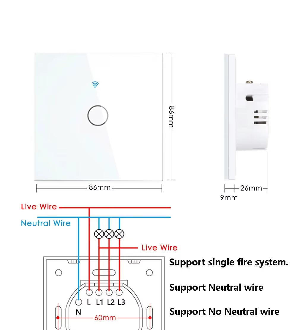 Wifi Smart Switch EU Light Wall Touch Switch 220V No Need Neutral Wire Tuya Smart Life Work with Alexa Google Home 1/2/3Gang