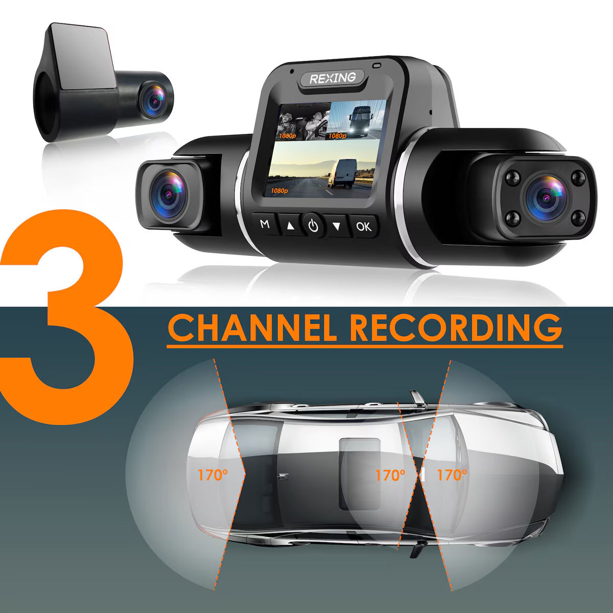 V2 Pro AI Dash Cam with 3 Channel Recording Front/Cabin/Rear