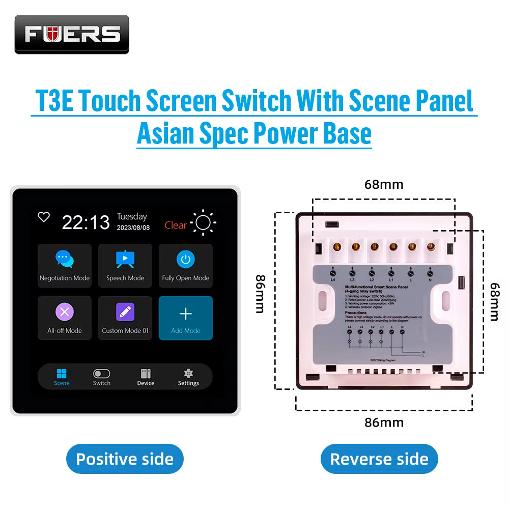 FUERS 4 Inch Touch Screen Multi-Functional Smart Wall Switch T3E Switch Scene Panel Intelligent Home Touch Screen Zigbee