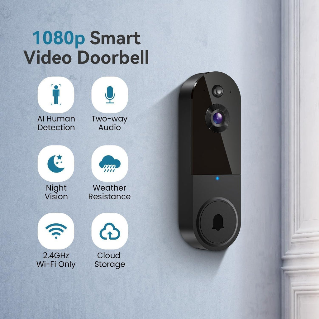 1080P Wireless Video Doorbell Camera, AI Human Detection, Night Vision, 2-Way