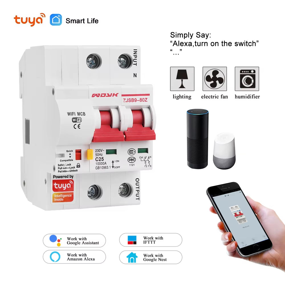 Smart Life(Tuya) App 2P Wifi Smart Circuit Breaker Overload Short Circuit Protection with Alexa Google Home for Smart Home