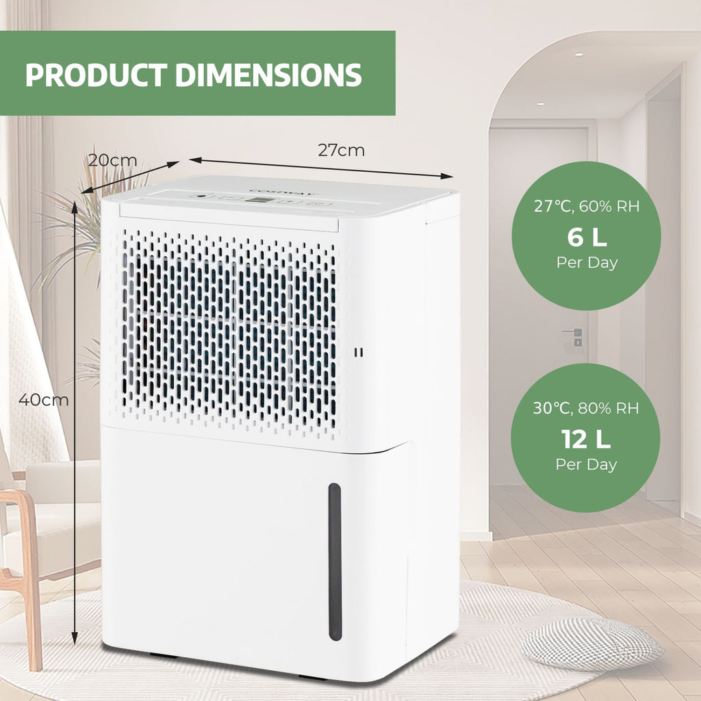 12L/Day Dehumidifier with Continuous Drying Auto Mode and 24H Timer