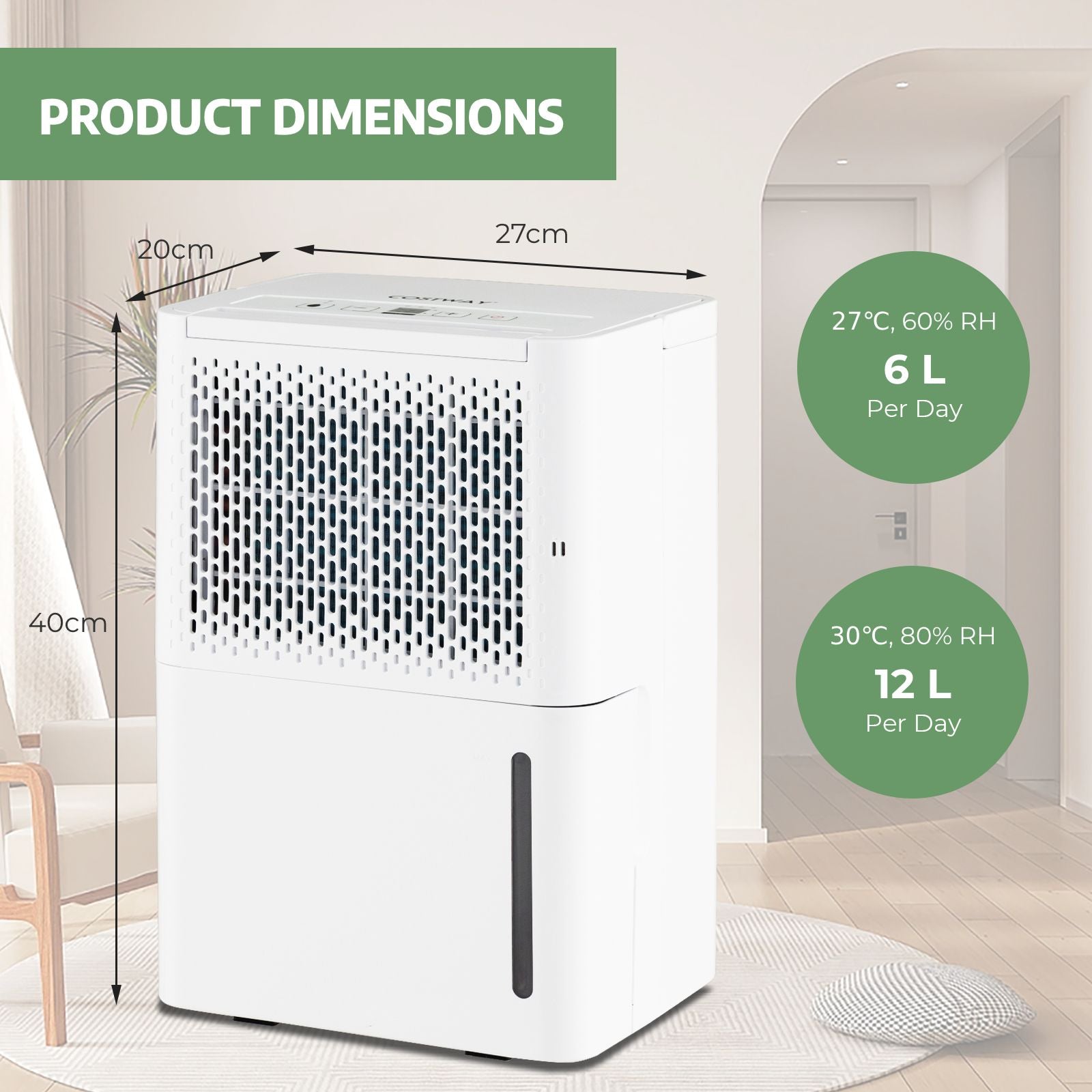 12L/Day Dehumidifier with Continuous Drying Auto Mode and 24H Timer