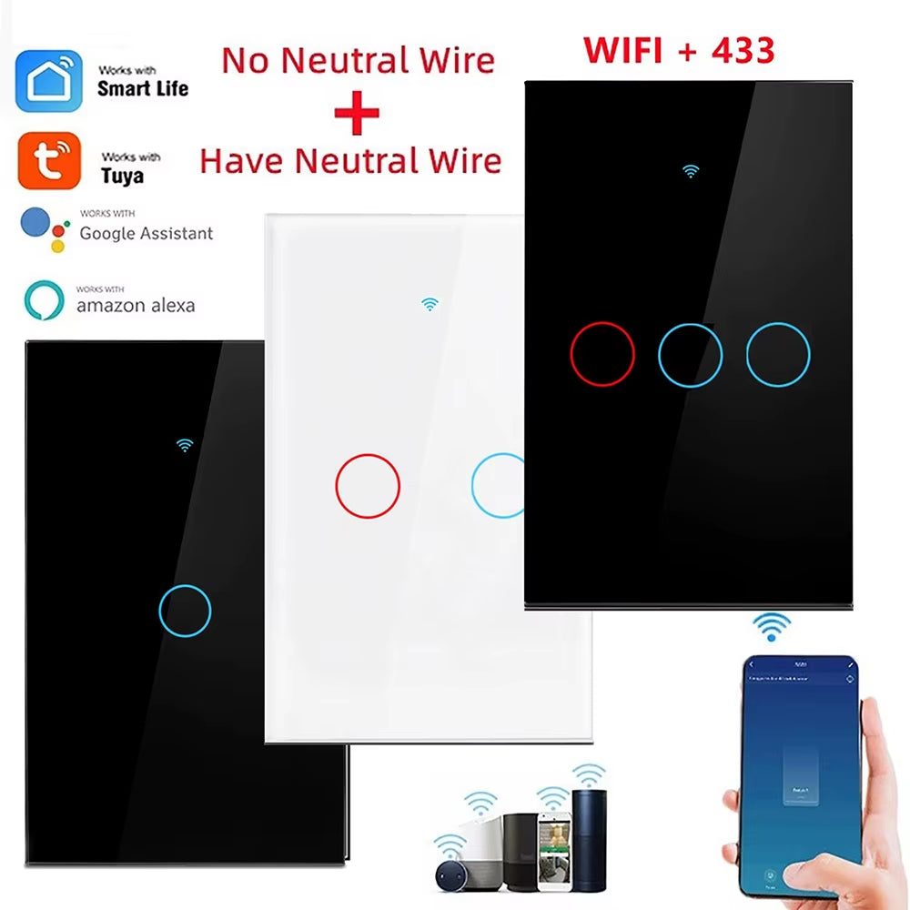 Touch Switch Tuya Smart Life Light Wifi RF433 Sensor Smart Switch App Remote Control No Neutral Wire 110V for Alexa Google Home