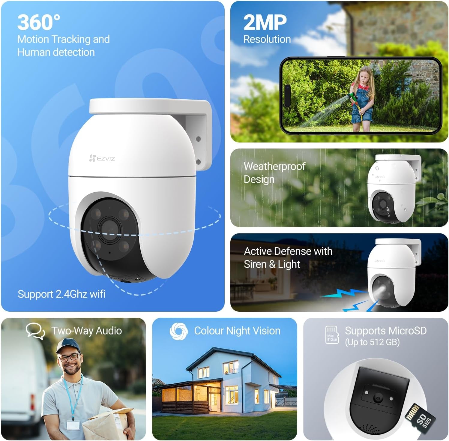 EZVIZ No Monthly Fee Security Camera Outdoor, PTZ 360°, 512 GB SD Card, Human/Ve