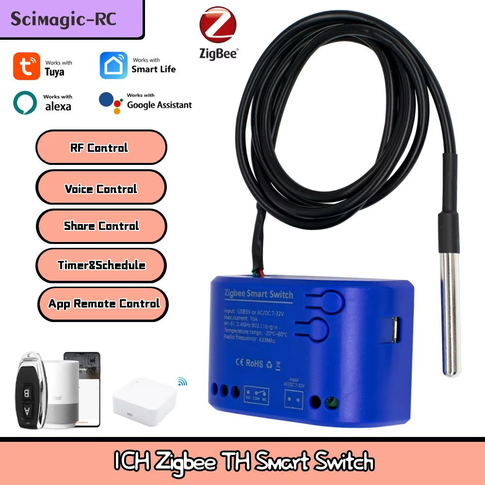 Zigbee Smart Temperature Switch 16A 2000W with Temperature Sensor Thermostat Data Monitoring Compatible with Alexa,Tuya